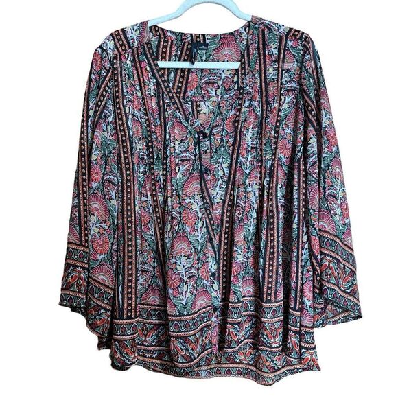 New Directions Top Womens 1X Multicolor Artsy Boho Print Sheer Blouse Ladies - Picture 1 of 9